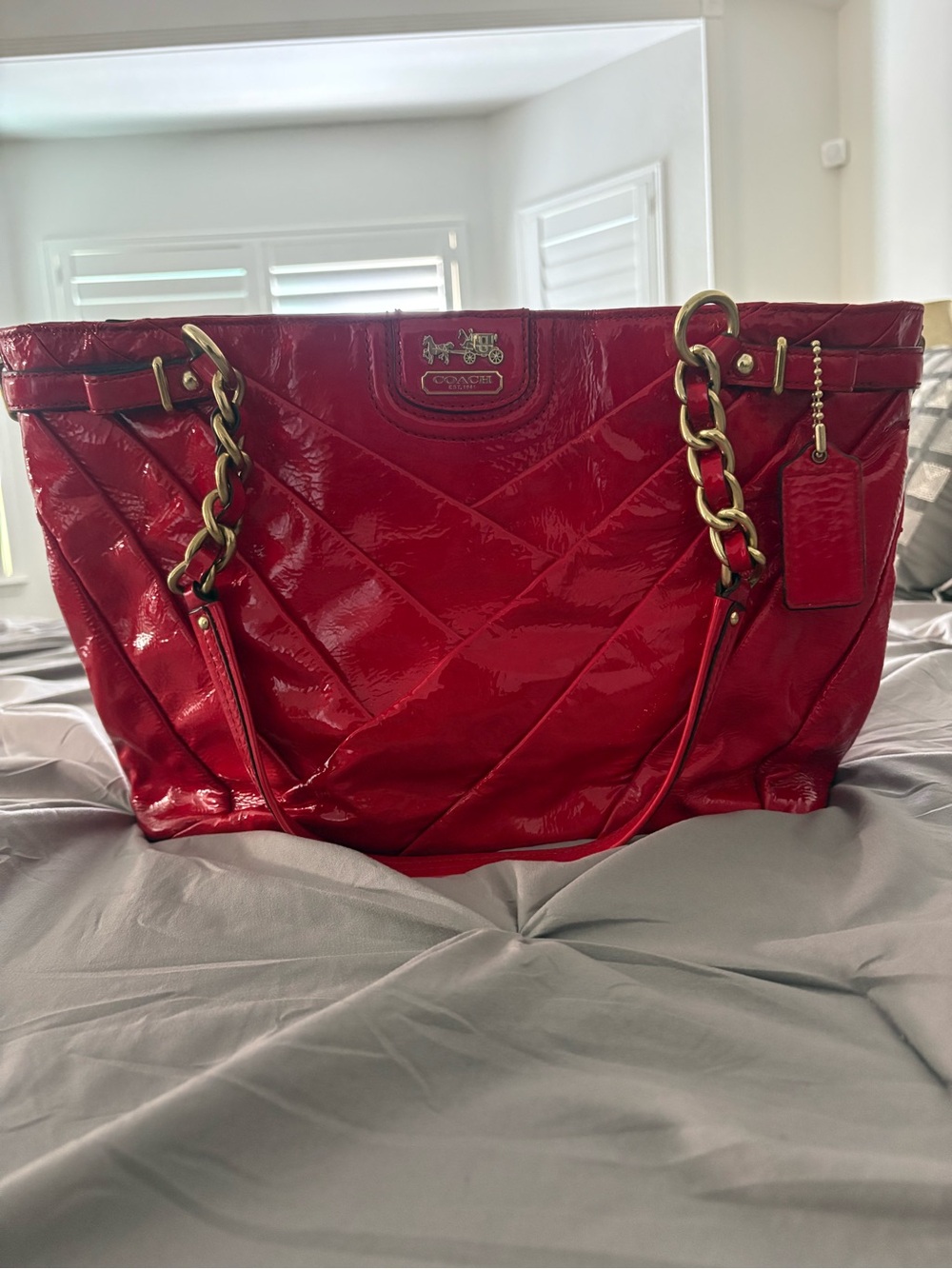 Coach Red Patent Leather Quilted Tote with Gold Hardware - Picture 2 of 6